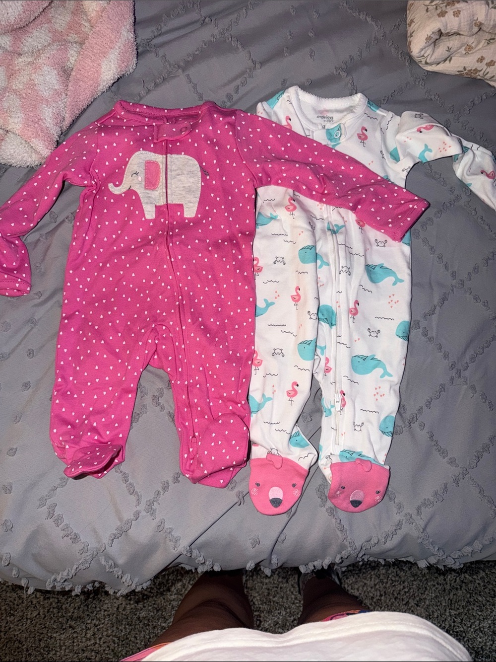 Carter's Pink Elephant & White Whale Print Footed Pjs